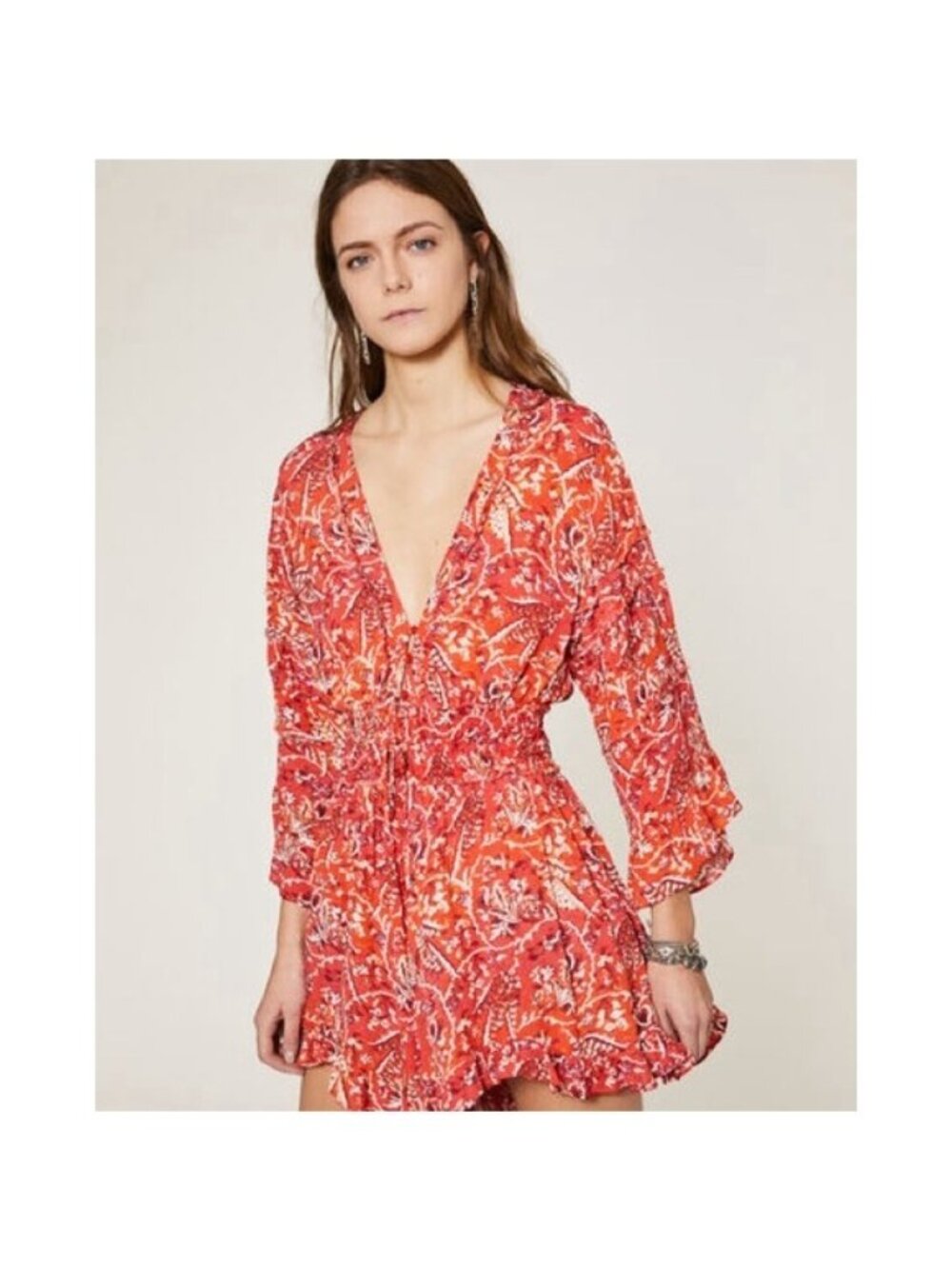 IRO Rhodey Frayed Ruffle Trim Crepe Playsuit 44 Red Romper Floral 12
